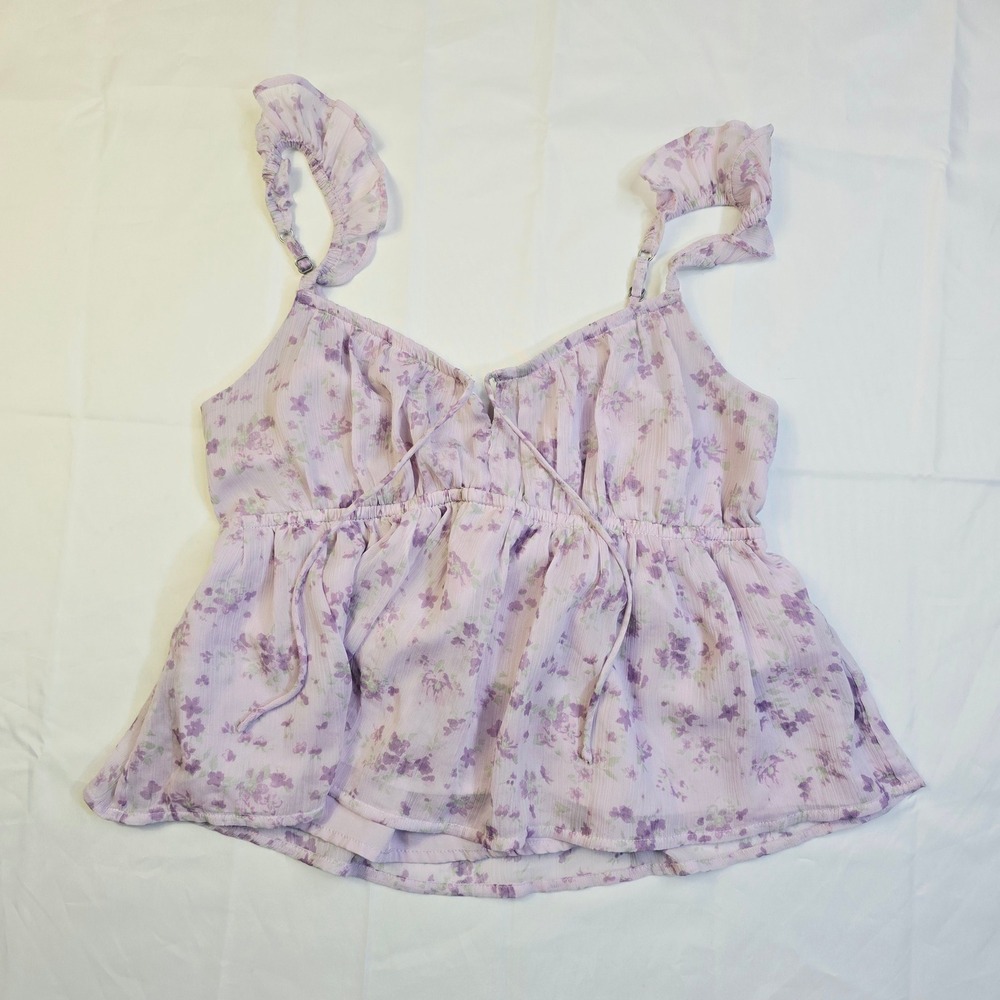 Hollister Womens Floral Babydoll Cami Top Size S Purple Ruffle Strap Chiffon H21
